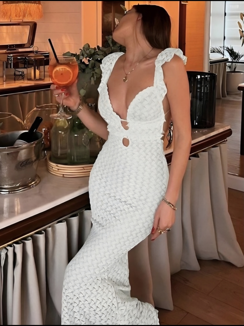 Commence Elegant White Textured Knit Midi Dress with Ruffled Straps - Picture 2 of 10